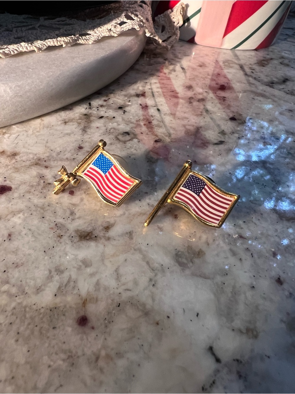 Two Vintage Gold-Tone American Flag Lapel Pins